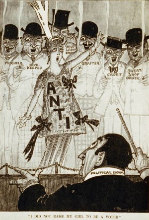 Not every woman supported suffrage. The &ldquo;Anti&rdquo; in this 1915 Puck cartoon is backed by morally corrupt interests (&ldquo;Procurer,&rdquo; &ldquo;Child Labor Employer&rdquo;) and others who supposedly would benefit from denying women the vote. (Library of Congress)