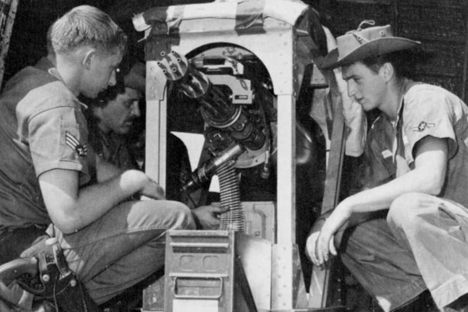 One of the fabricated mounts for the SUU-11/A minigun pods aboard the original "Puff the Magic Dragon" C-47 gunship. (U.S. Air Force)