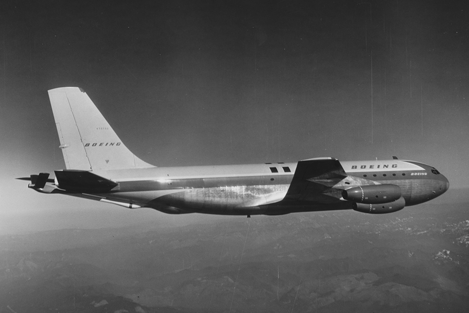 The “Dash 80” prototype, from which the KC-135 was developed, tests refueling equipment. Notice the refueling "boom" under the tail of the aircraft. (U.S. Air Force)