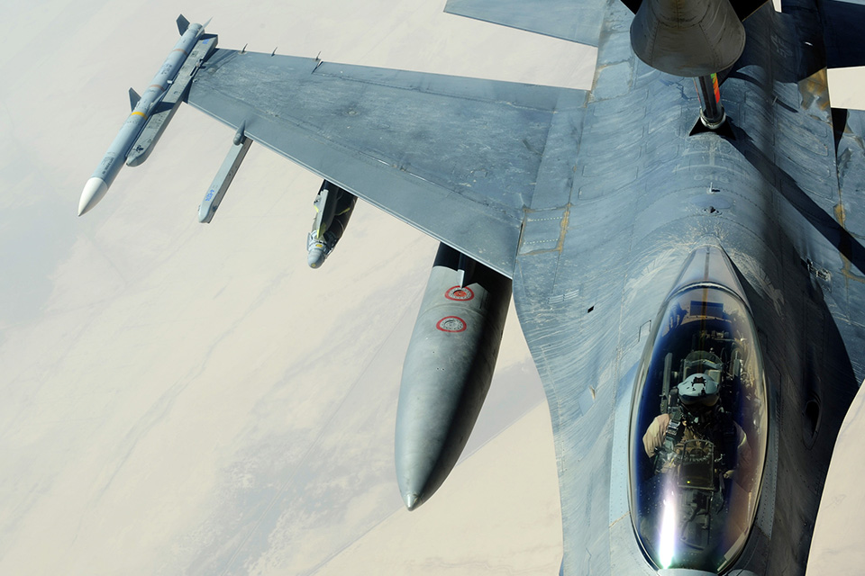 A Viper pilot pulls up behind a KC-135 tanker over Iraq. Hampton refueled six times during his March 24 mission. (U.S. Air Force/SSgt. Michael B. Keller)