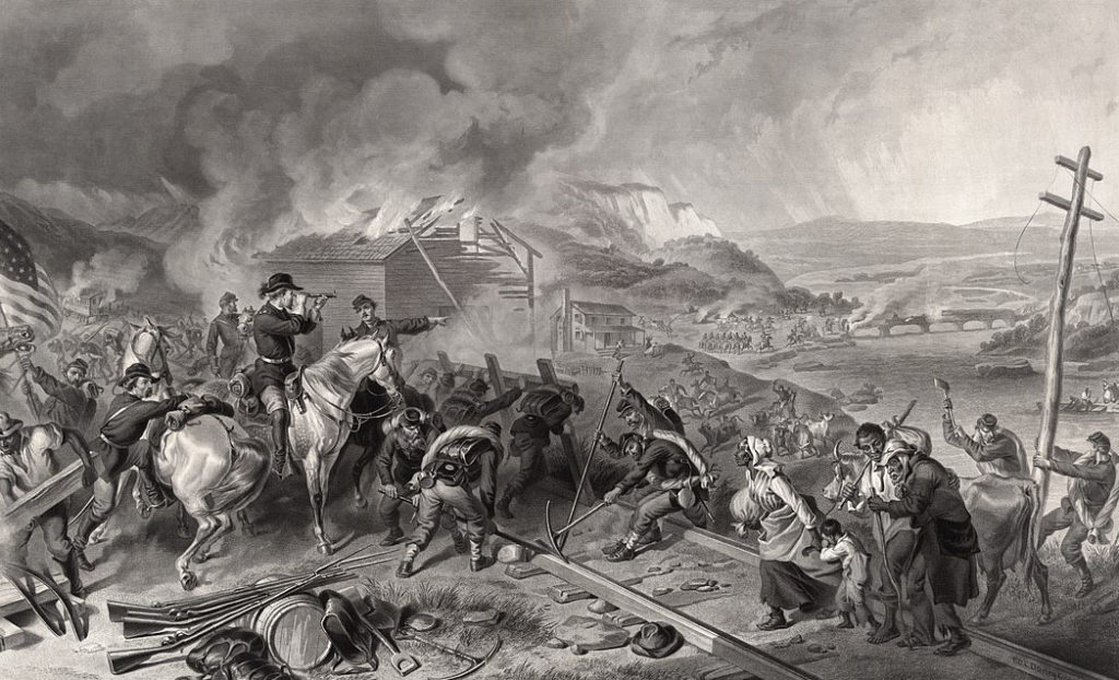 An 1868 engraving depicts Sherman's March to the Sea, where his troops freed slaves, and destroyed railroads and telegraph poles. (Library of Congress)