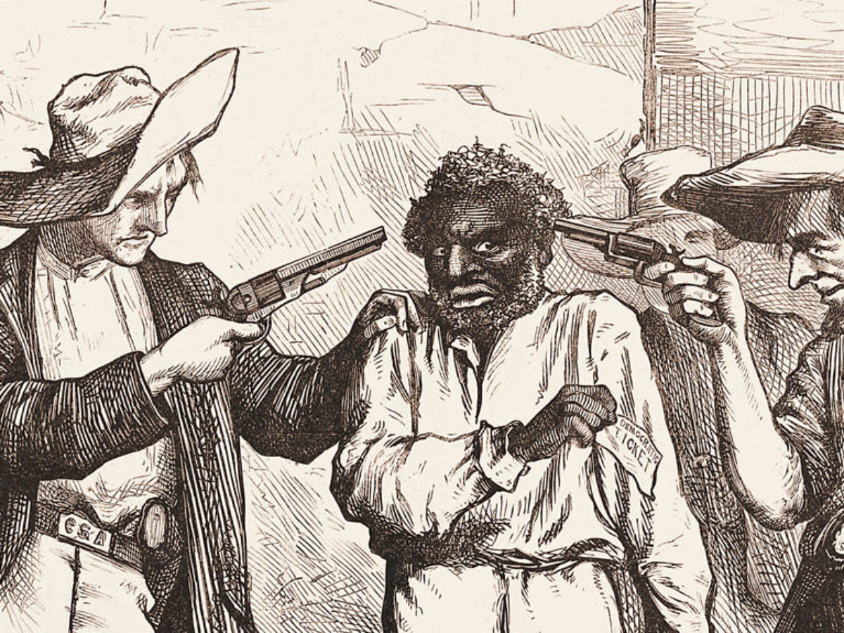 An 1876 political cartoon. The text reads, "Of course he wants to vote the Democratic ticket!; Democratic 'Reformer': You're as free as the air, ain't you? Say you are, or I'll blow your black head off!"