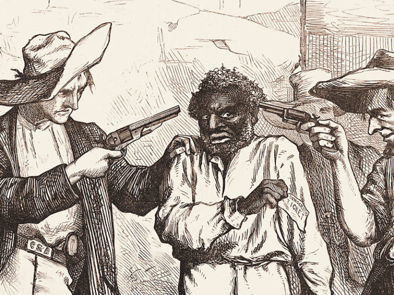 An 1876 political cartoon. The text reads, "Of course he wants to vote the Democratic ticket!; Democratic 'Reformer': You're as free as the air, ain't you? Say you are, or I'll blow your black head off!"