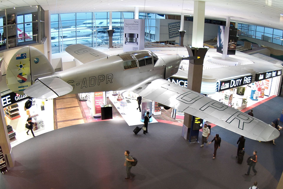 Today, the storied Gull is on permanent display at Aukland Airport, suspended in the Jean Batten International Terminal. (Douglas Fisher/Alamy)