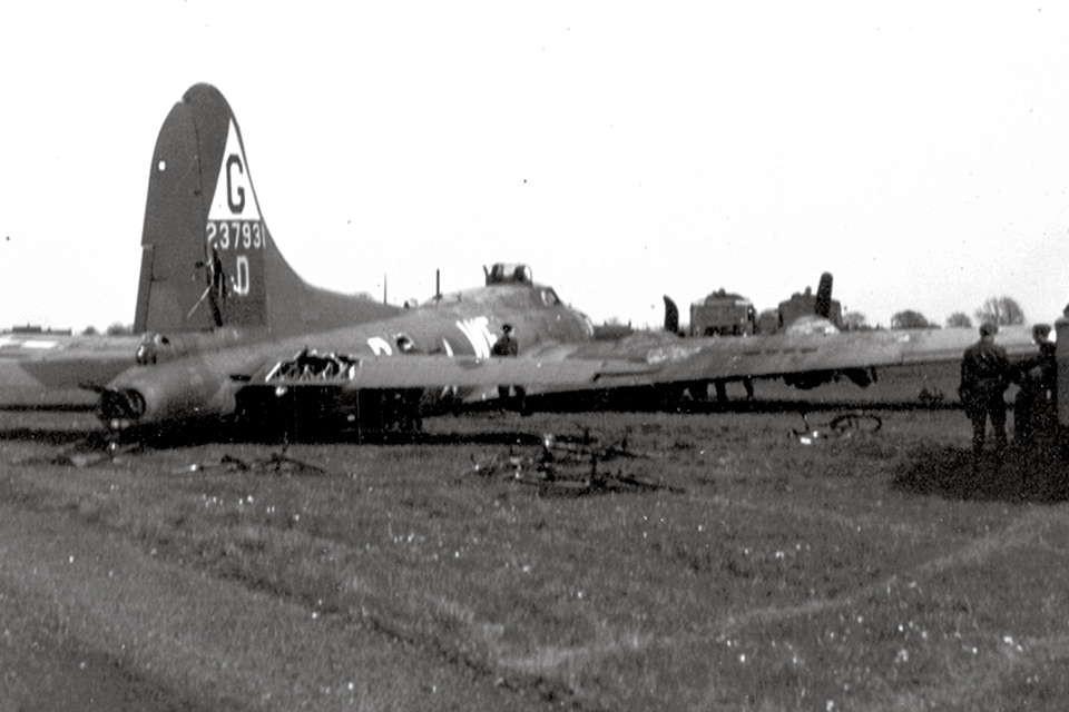 What was left of the B-17G after its belly landing at Grimsby airfield. (HomeOfHeroes.com)