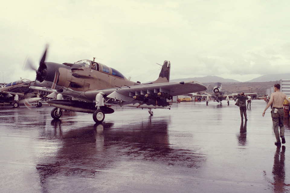 Skyraiders from the 1st Air Commando Squadron taxi down the runway at the Pleiku air base in South Vietnam during 1966. (National Archives)