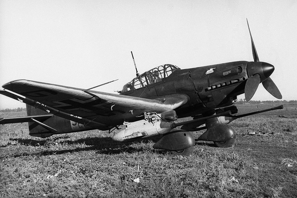 Armed with powerful 37mm “Panzerknäcker” anti-tank cannons, the Ju-87G traded the role of dive bomber for that of a potent tank killer. (National Archives)