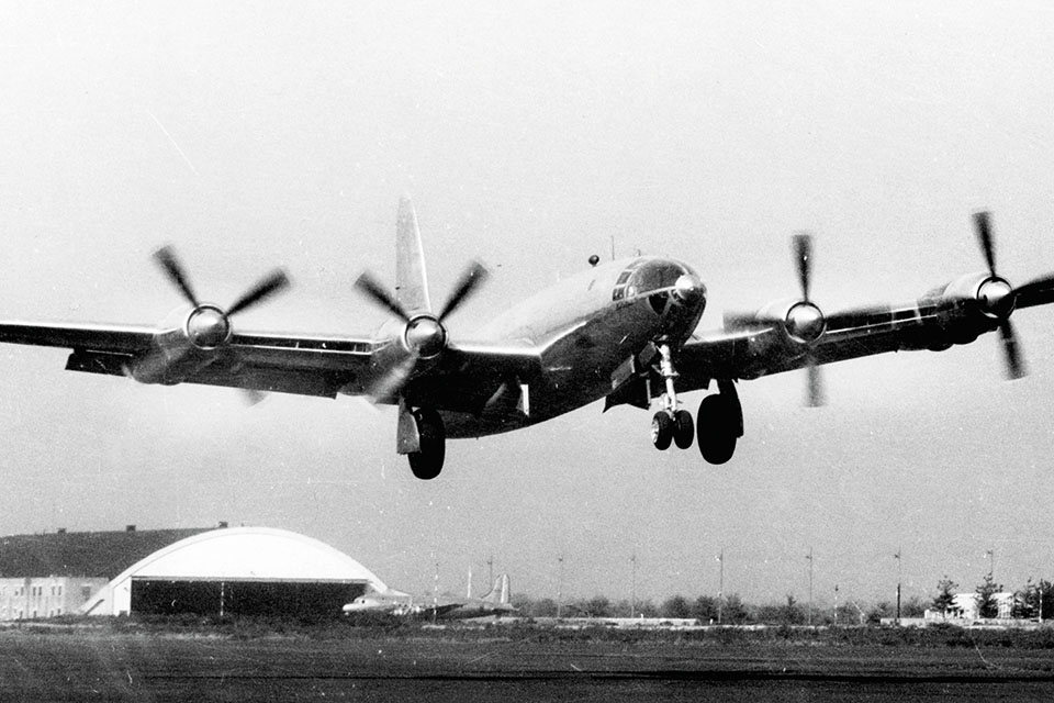 The first Rainbow takes off fron Republic Field in Farmingdale, N.Y. Note ample flaps, which extended along 60 percent of the wingspan. (Cradle of Aviation Museum Archives)