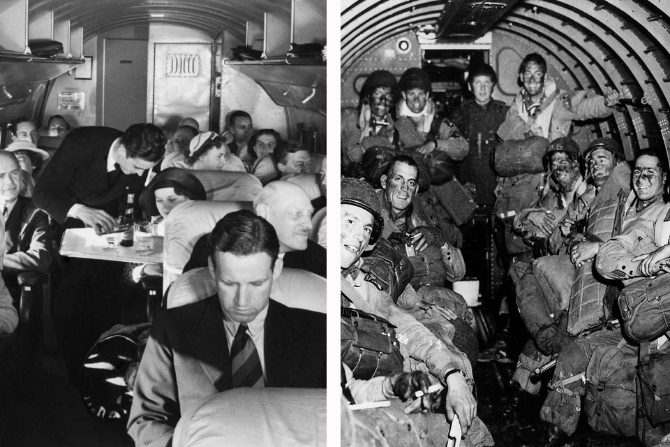 The DC-3 carried 21 passengers in relative comfort, and proved easily adaptable to hauling paratroopers in its C-47 version. (Left: Getty Images; Right: National Archives)