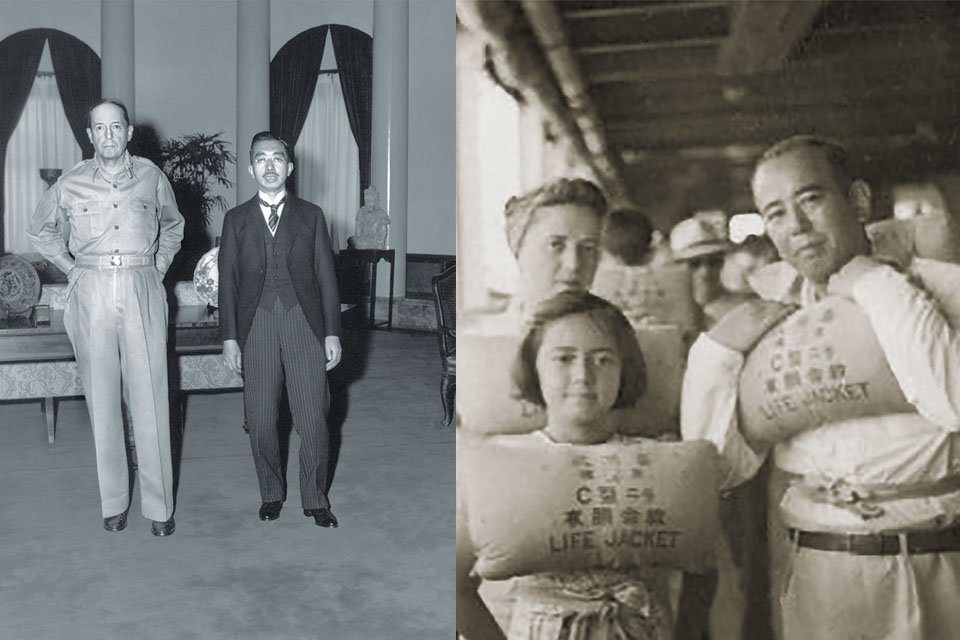 General Douglas MacArthur and Emperor Hirohito (left) meet on September 27, 1945. Terasaki and family had returned to Japan in 1942 (right). (From left, The Everett Collection; Courtesy of Cole Miller, bridgetothesun.org)