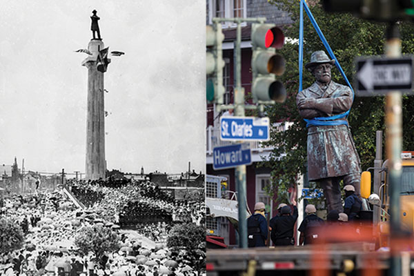 Sic Transit Gloria Mundi: Left, a crowd celebrates in New Orleans at the 1884 dedication of a Lee memorial, shown in an accompanying image during its removal in August 2017.