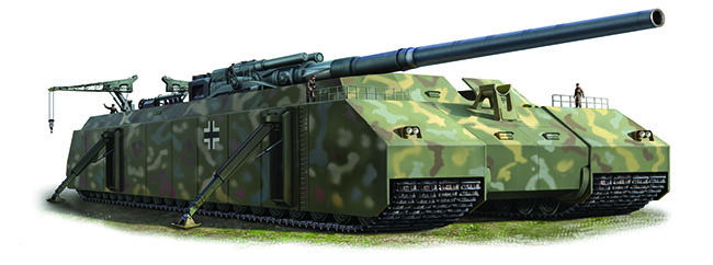 Monster: Grotte’s still-more-ambitious P.1500 Monster was to use a gun modeled after the Heavy Gustav. Conceived of in late 1942, the project was canceled in early 1943. (Illustration by Jim Laurier) (Click to enlarge)