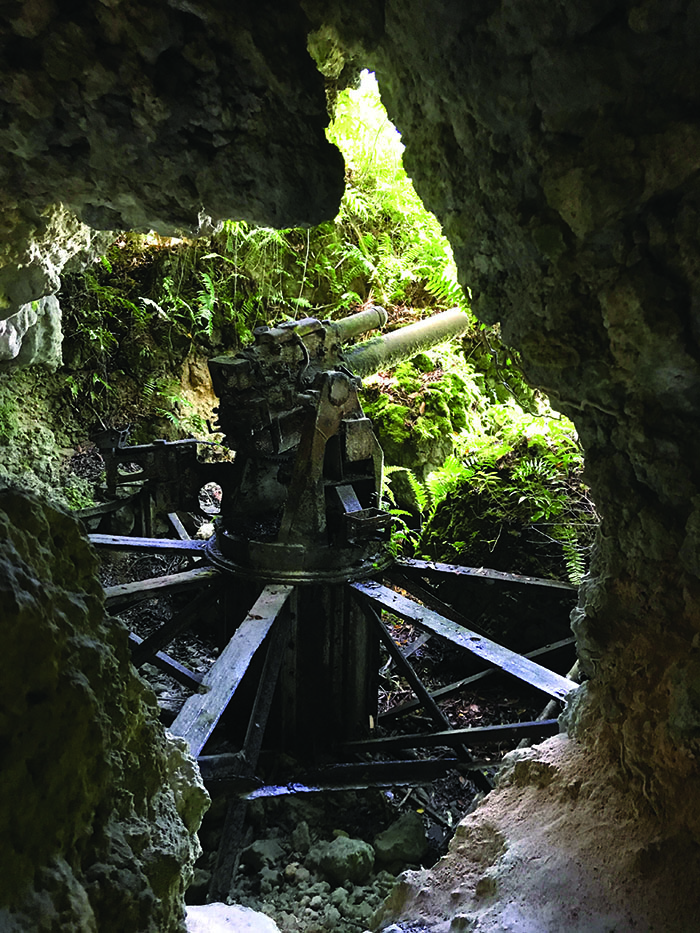 A Japanese 200mm coastal defense gun still bristles from a cave. Such caves allowed the Japanese to safely pick off Marines exposed on Orange Beach. (Photo by William R. Coulson)