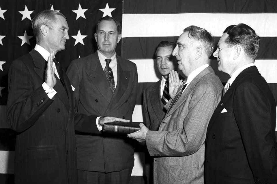 Chief Justice Fred Vincent swears in W. Stuart Symington as the first secretary of the U.S. Air Force on September 18, 1947. (U.S. Air Force)