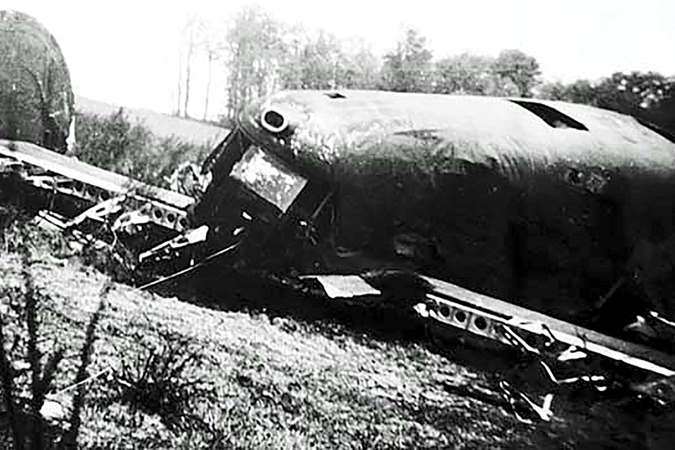 "Worry Bird" lies wrecked in a field west of Lyon, France, after striking a hill near the town of Saint-Cyr-de-Valorges during a night mission. Note the “Joe hole” through which agents exited during an airdrop. (HistoryNet Archives)