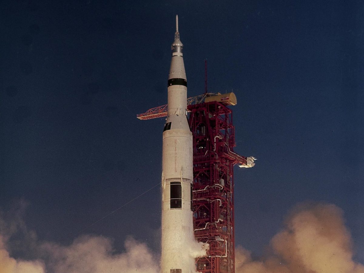A Saturn V rocket carrying the Apollo 8 crew blasts off from Kennedy Space Center in Florida on Dec. 21, 1968. It was the first crewed mission to the moon.