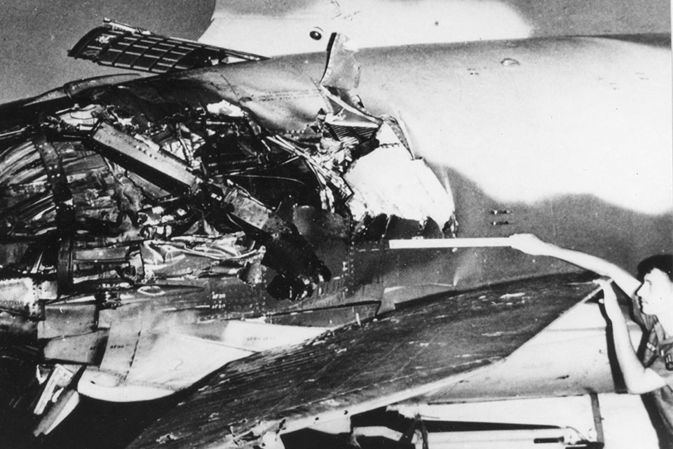 This Thud returned to base with the remains of an Atoll air-to-air missile protruding from its tail. (U.S. Air Force)