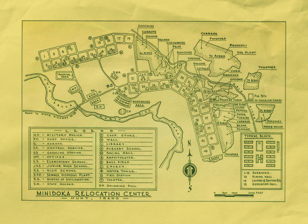 Located in Hunt, Idaho, Minidoka comprised nearly 600 buildings and included schools, a library, gas station, baseball field, and land allotments for growing a variety of crops. (University of Washington Libraries Special Collections, PNW0418)