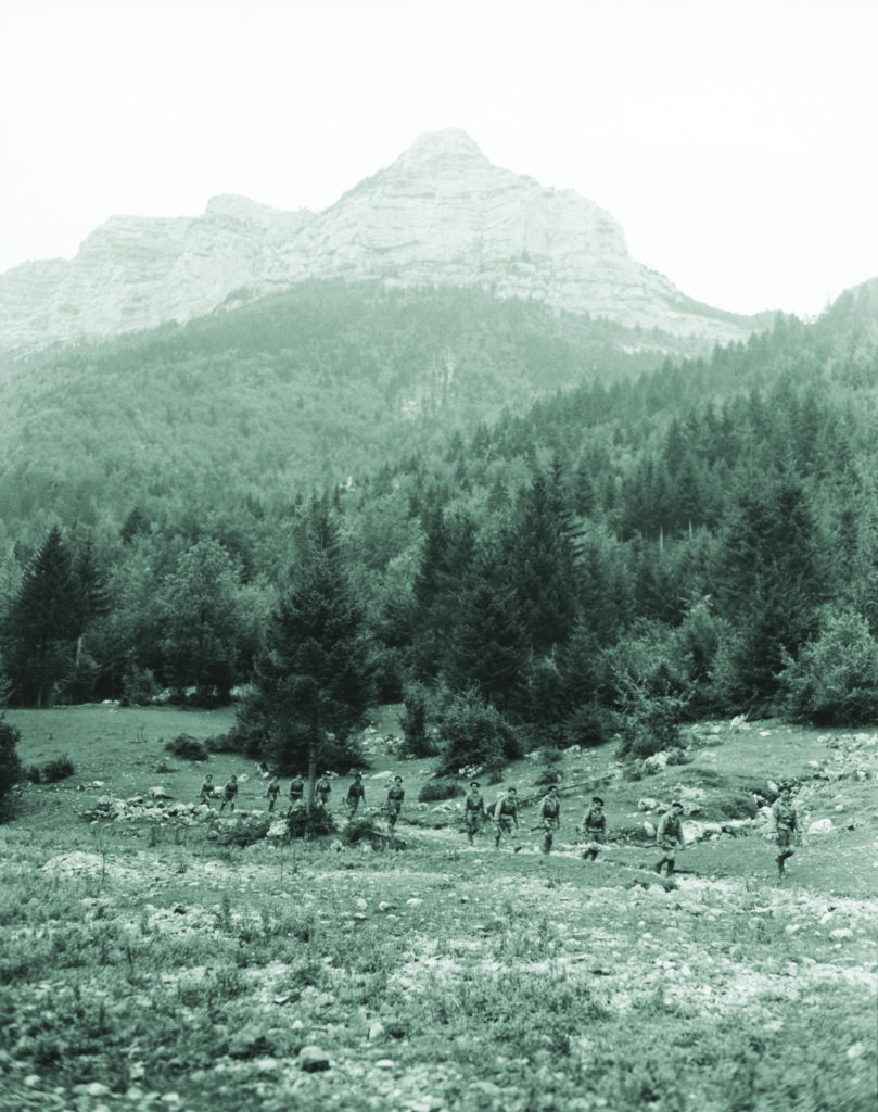 A Maquis patrol headed for a raid against the Germans navigates the foothills of the French Alps. Their knowledge of escape routes made them a mixed blessing for McPherson. (National Archives) 