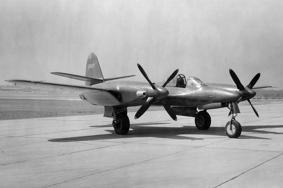 McDonnell’s XP-67 Moonbat was neither the first nor the last airplane to combine piston engines and propellers with small jet engines, in this case located at the rear of the nacelles.