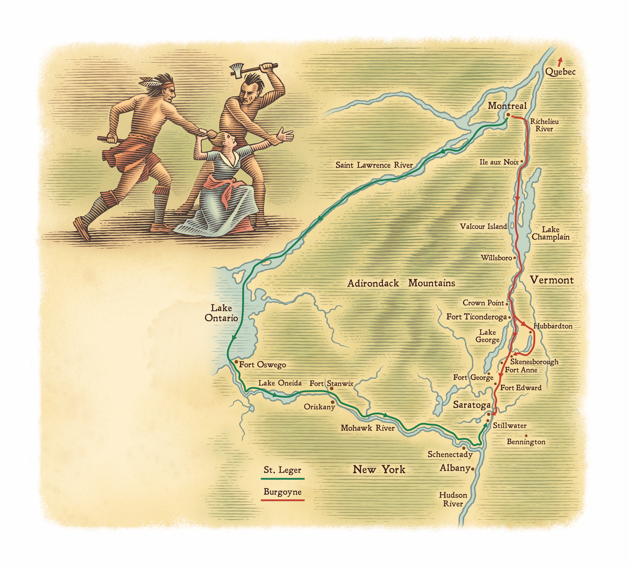 Burgoyne thought he could bring a speedy end to the American Revolution by marching an army south from Montreal along the western edge of Lake Champlain, recapturing Fort Ticonderoga at the south end of the lake, and then proceeding to Albany to link up with an army led by General Sir William Howe. But unplanned circumstances intervened—including a scalping by one of his Native American mercenaries and a failed diversionary attack by Colonel Barry St. Leger. (Erwin Sherman)