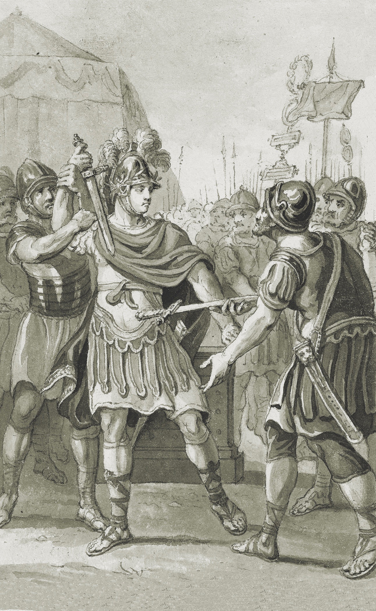 Angered by the mutineers’ refusal to listen to reason, Germanicus draws his gladius and threatens to kill himself. (Rijksmuseum) 