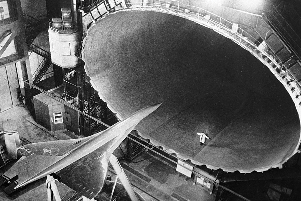 Soviet scientists prepare to test a model of the Tu-144 in the giant wind tunnel at the Central Aerohydrodynamic Institute in Moscow. (Sputnik/Alamy)