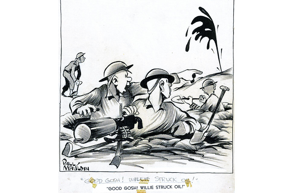 In the summer of 1941, the War Department held the Louisiana Maneuvers, a massive exercise designed to test the underfunded Army’s readiness for war. Bill accompanied the 45th Division to Louisiana, where soldiers still clad in World War I -vintage uniforms often wielded two-by-fours instead of actual machine guns. Two men in seersucker suits and a big Oldsmobile approached Bill and convinced him to produced a souvenir book of cartoons to sell to the troops. Bill drew fifteen cartoons and twenty-five drawings in forty-eight hours for a book he called Star Spangled Banter. It cost twenty-five cents and was a hit with the 45th Division, though Bill never saw any royalties or the two men again. (Originally published in Star Spangled Banter, 1941).