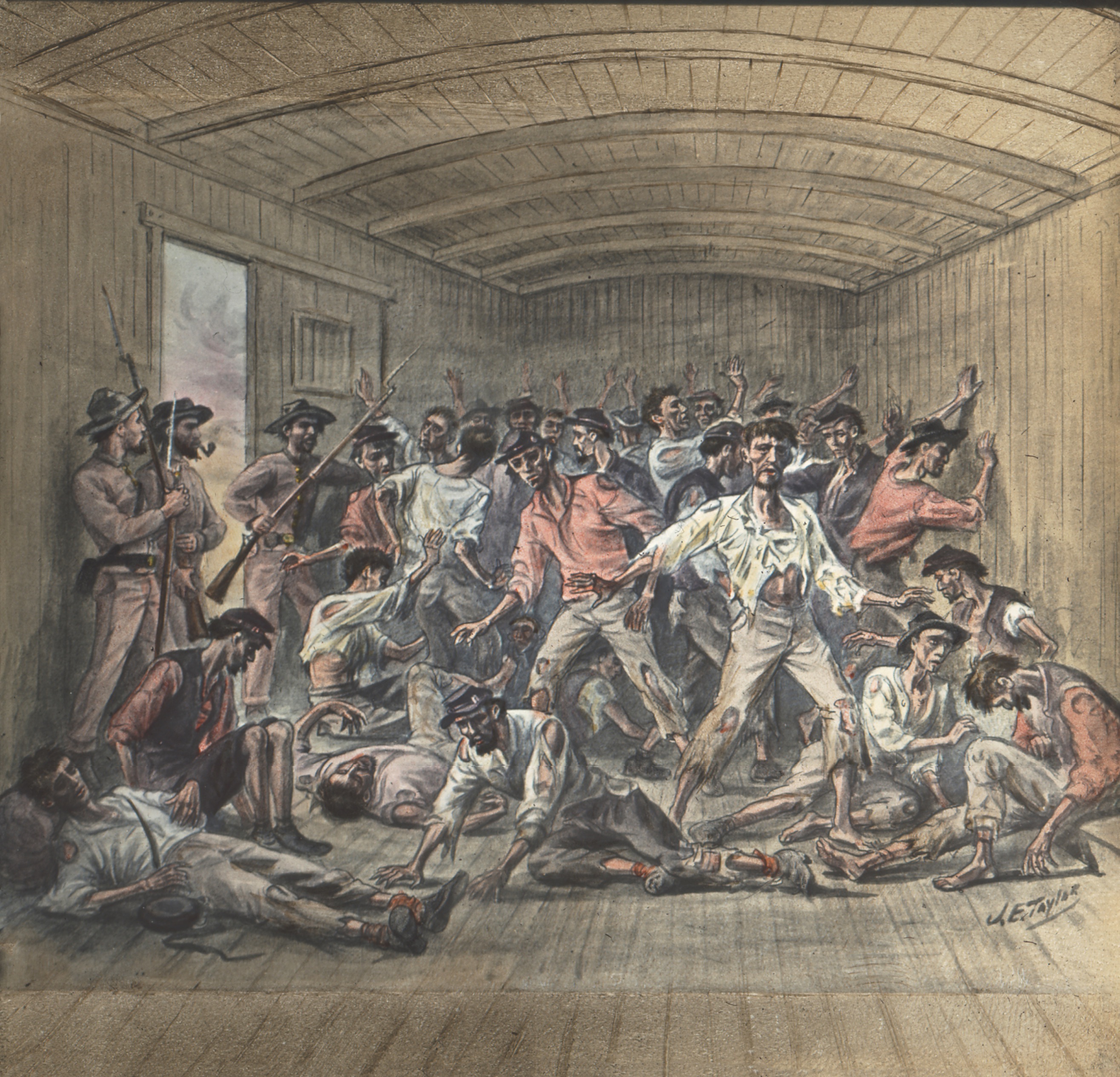 Captured soldiers were usually transported to Union and Confederate prisons across the country in congested rail cars, packed much like farm animals, as shown in this postwar illustration. (Courtesy of Lackawanna Historical Society) 