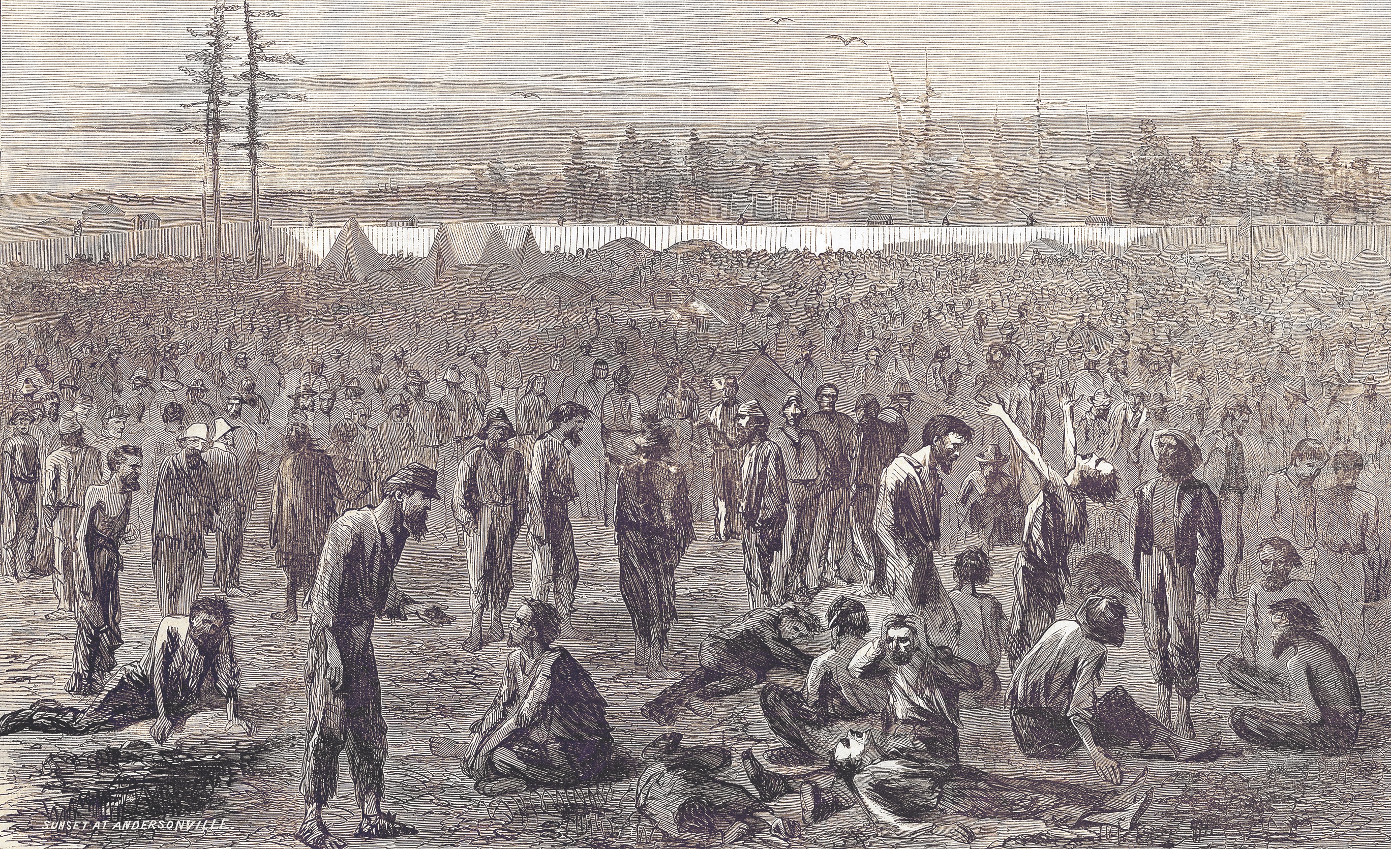 Camp Sumter opened in February 1864, designed to hold up to 10,000 prisoners on 16½ acres. Even after the addition of 10 acres in July, space remained an issue. At its peak, in August, the camp held nearly 33,000 prisoners. (Bettman/Getty Images)