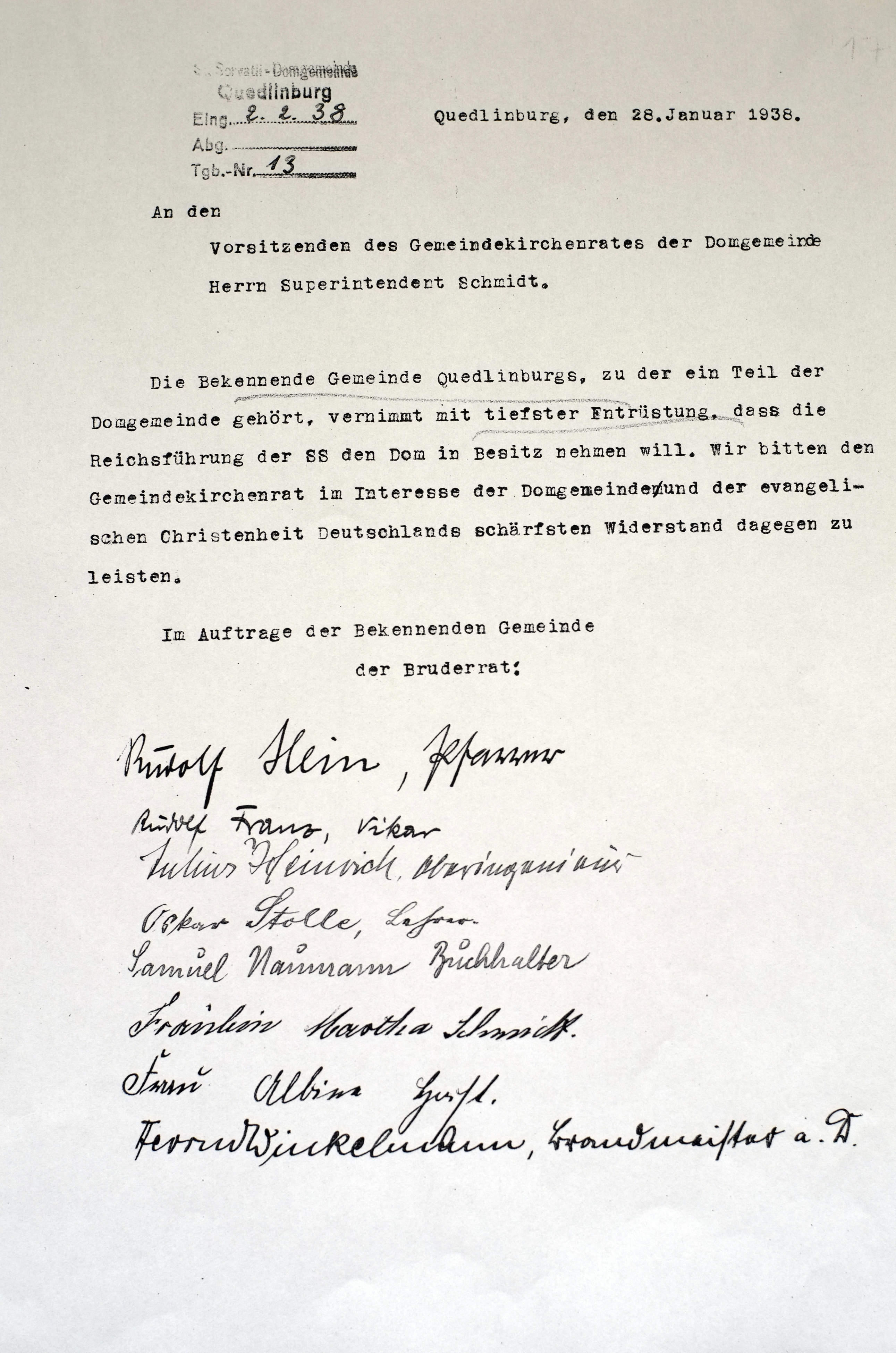 The Protestant pastor of Quedlinburg and church community members wrote a strong letter of protest denouncing Himmler's takeover and asking for help. Afterwards they were threatened by the Gestapo. / Courtesy of Quedlinburg cathedral archive.