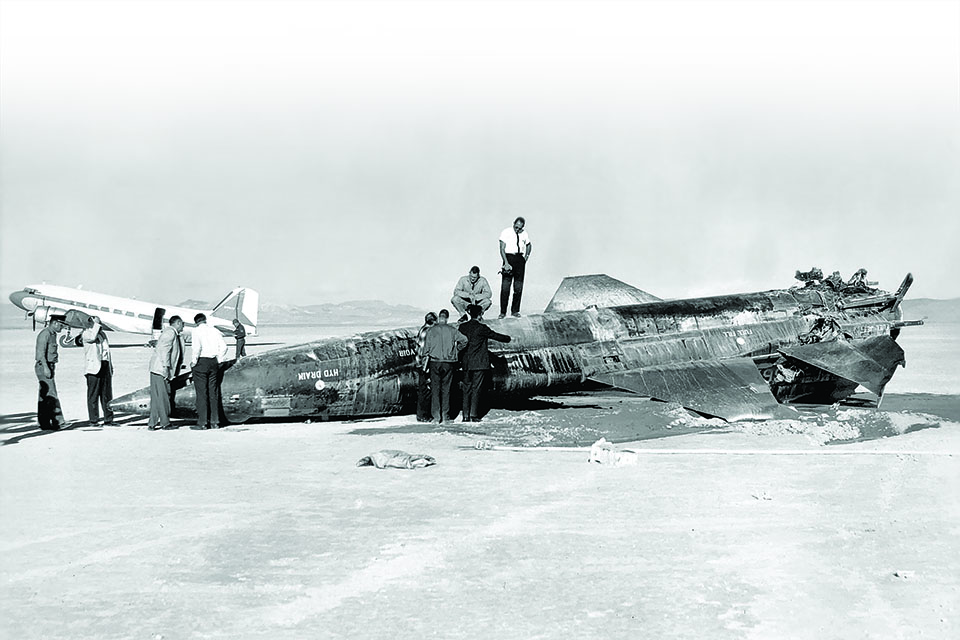 The second X-15 lies wrecked on Mud Lake after Jack McKay’s emergency landing on November 9, 1962. (NASA)