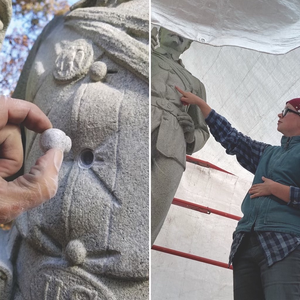 Years of exposure had battered the 13th PA Reserves monument, located on Ayres Avenue. Margaret Moore points out a replaced missing button.