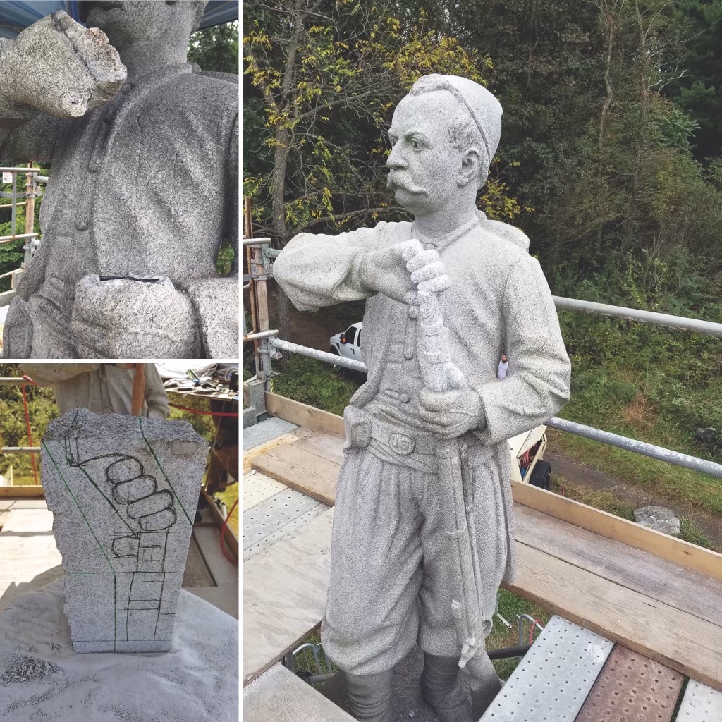 Repairing the shattered hand and musket muzzle on the 155th Pennsylvania Infantry monument, which stands on the northern slope of Little Round Top, took great precision.