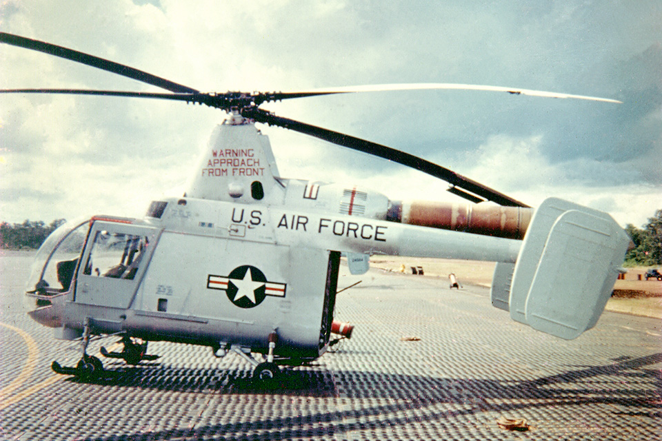 An HH-43B sits on the Marston Mat at Nakhon Phanom Royal Thai Air Force Base near the Thailand-Laos border. (Courtesy of James Burns)