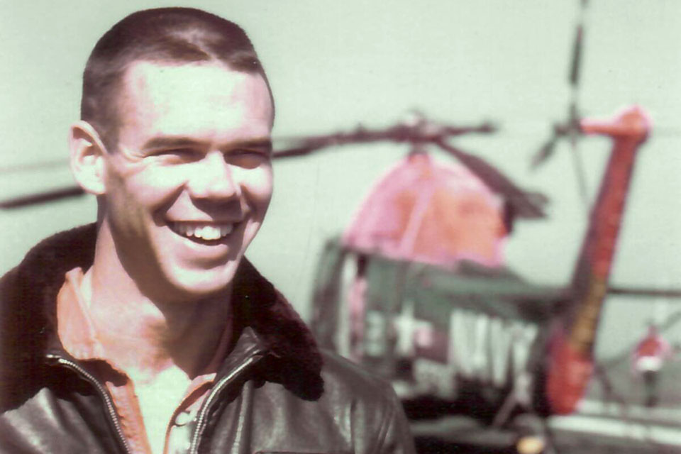 Lieutenant Tom Saintsing and his UH-2 Seasprite crew were dispatched from the carrier Oriskany to the cruiser Gridley to test the feasibility of SAR operations from smaller ships. (Courtesy of Eileen Bjorkman)