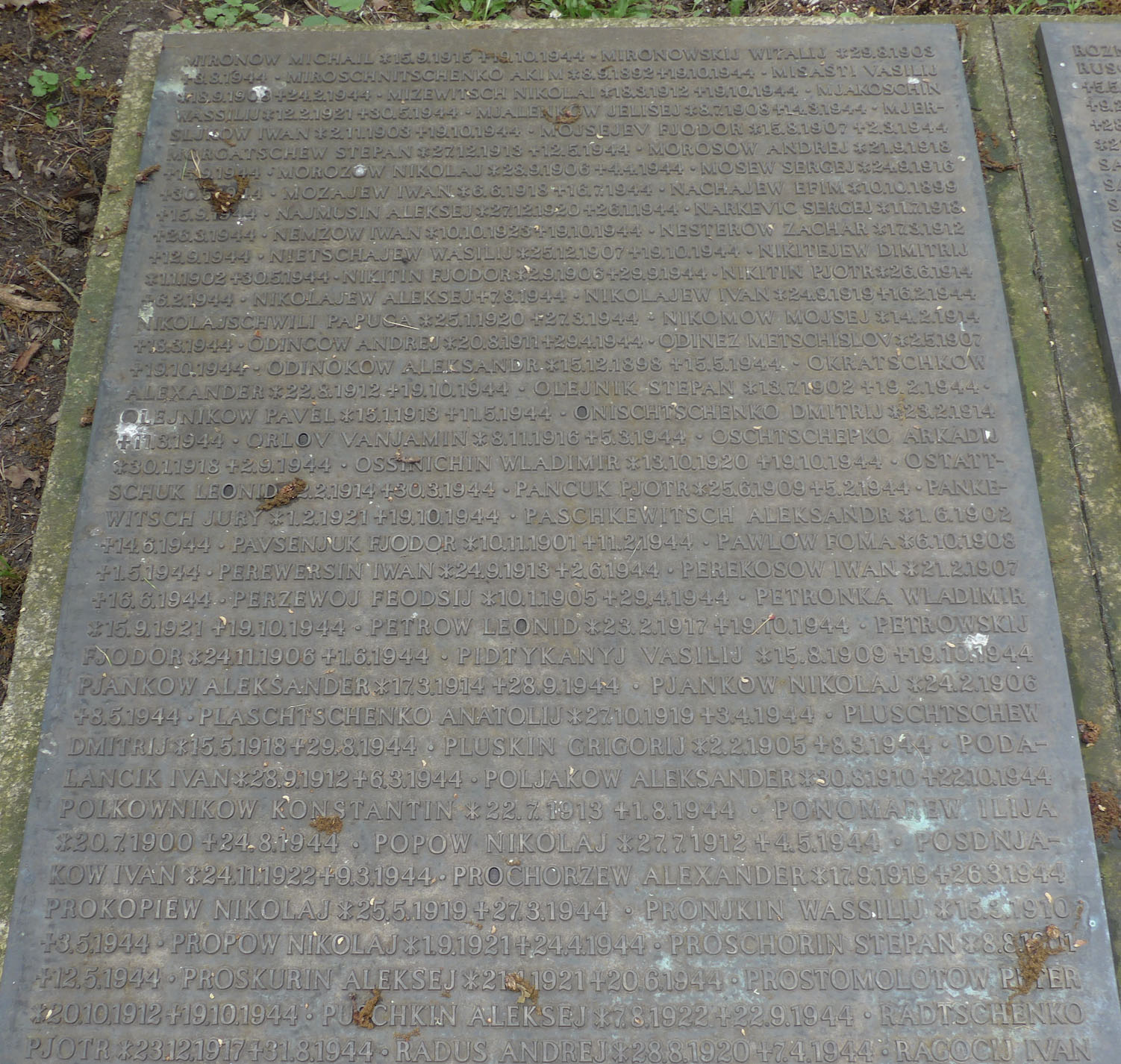 A plaque bearing the names of Soviet POWs killed in Germany gathers leaves and dust in an isolated corner of Nuremberg's Südfriedhof cemetery. / Zita Ballinger Fletcher photo
