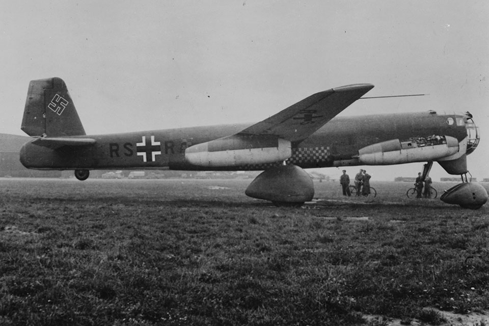With a tail assembly from a Ju-388L, fuselage from an He-177A and landing gear from a captured American B-24, the Ju-287 was a curious assemblage of what was available to Junkers’ designers. (National Archives)