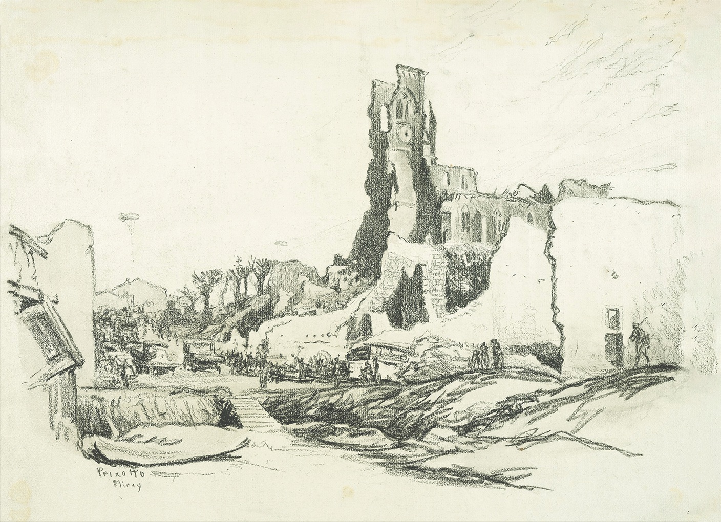 A ruined church spire atop a hill in Flirey, France. (National Museum of American History, Smithsonian Institution)