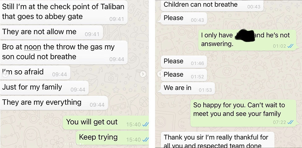 Screenshots of conversation between Schueman and Milad as the Afghan and his family attempt to reach Hamid Karzai International Airport. (Instagram)