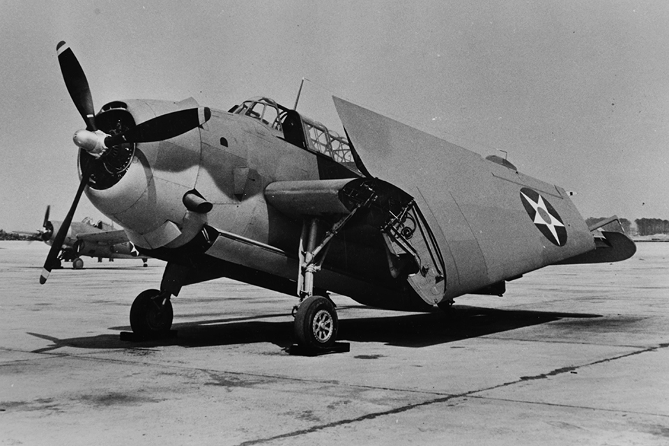 Grumman's Sto-Wing system reduced the big bomber's wingspan to just over 18 feet saving critical deck space. (National Archives)