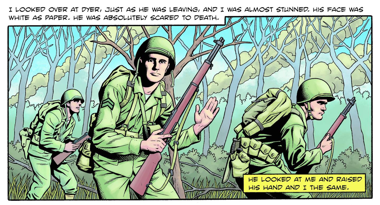 Marine Cpl. Russell Dyer on Saipan. The memory of his loss, shared by fellow Marine Marvin Strombo and other stories are in a graphic novel titled "Full Mag: Veterans Stories Illustrated." (Artists: Fernando Ruiz, Marcus Eskow, Kim Demulder)