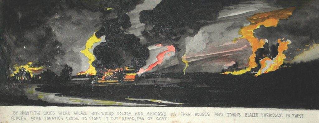 BLAZING SKIES AND FIELDS OF FIRE: The site of the devastation captured in this haunting painting is unknown: it most likely depicts the municipality of Essen, as viewed from across the Rhine-Herne Canal in Germany’s Ruhr region. Baldwin’s work in the field began as pencil sketches with written captions; he added the watercolor later.