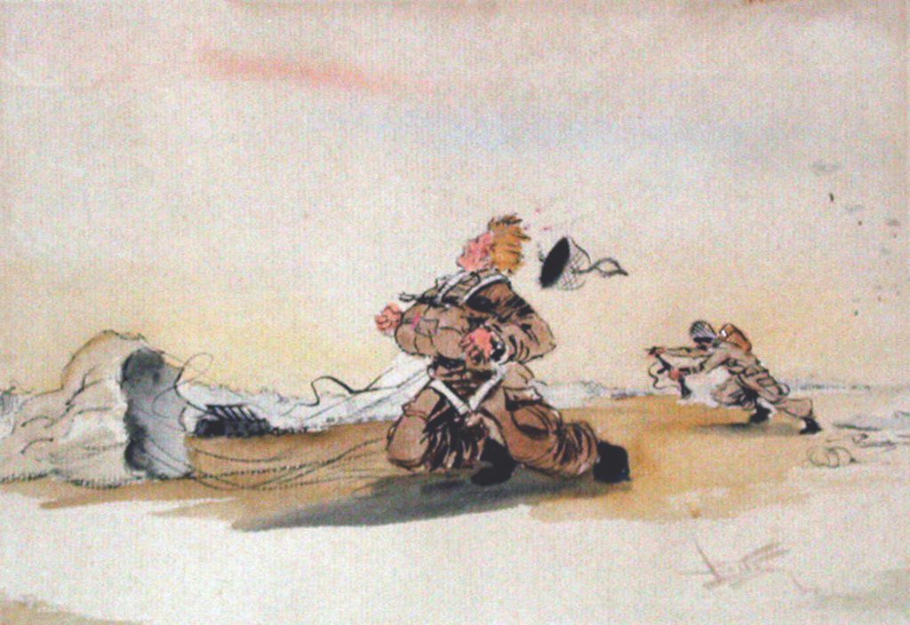 THE LAST JUMP: “First In!” captures the immediate violence of jumping behind enemy lines, the memories of which continued to haunt Baldwin. Of this illustration, he said, “The guy who gets there first is the target.”