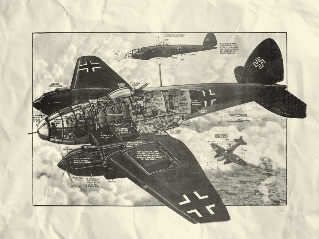 A cutaway view of an He 111, circa 1940: Jones suspected a secret device was hidden somewhere on the plane—but where? (National Archives)