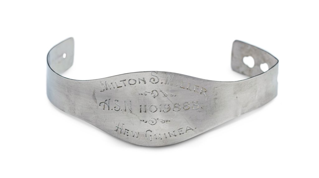 KNOW HIS NAME: Staff Sergeant Milton S. Miller’s scrap-metal ID bracelet prominently features his eight-digit army serial number. Miller, an engine mechanic with the Fifth Air Force in New Guinea, died in a 1944 plane crash; in 2001, his remains were recovered and buried at Arlington National Cemetery.
