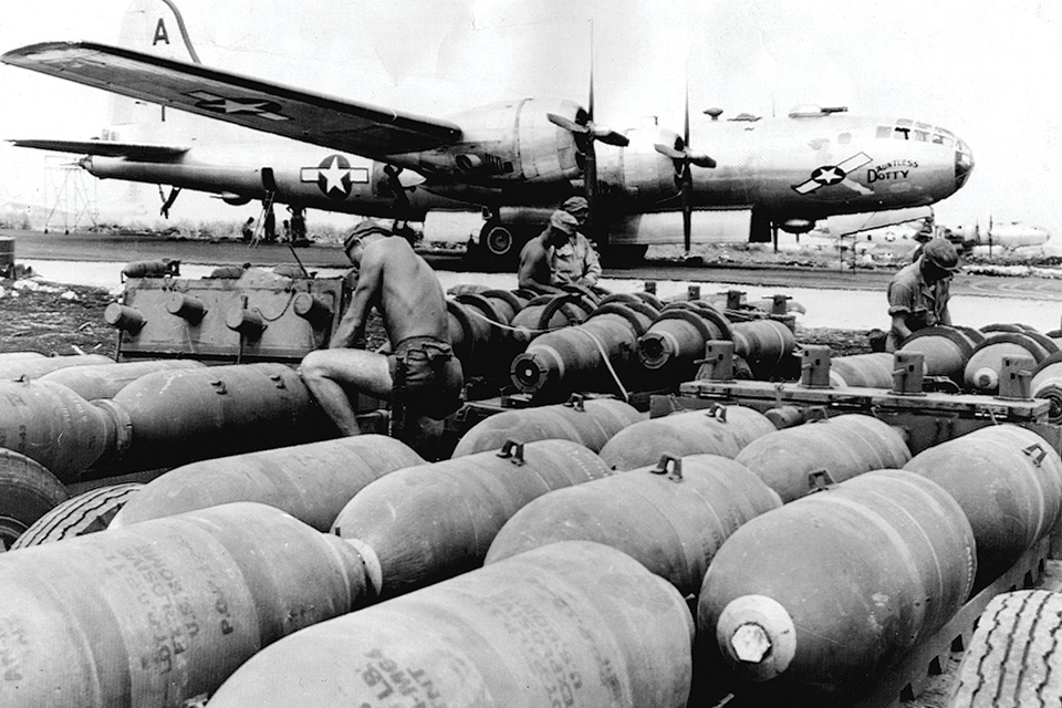 The B-29 "Dauntless Dotty" is bombed up on Saipan for a mission to Tokyo in November 1944. (Keystone/Getty Images)