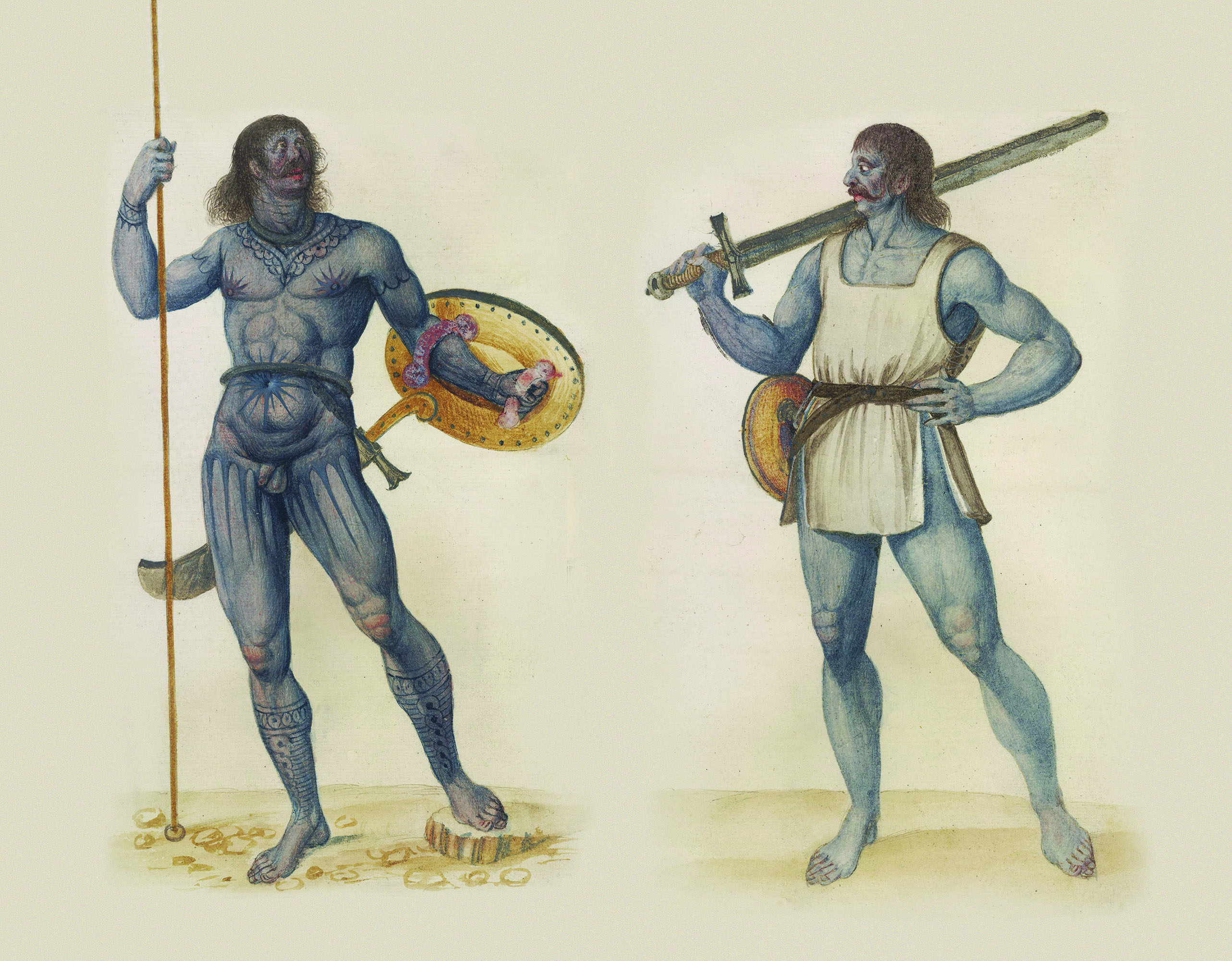 As with many later depictions of Pictish warriors, these 16th century images portray the fighters as being painted blue—likely an exaggeration of the Picts’ affinity for body tattoos. / British Museum