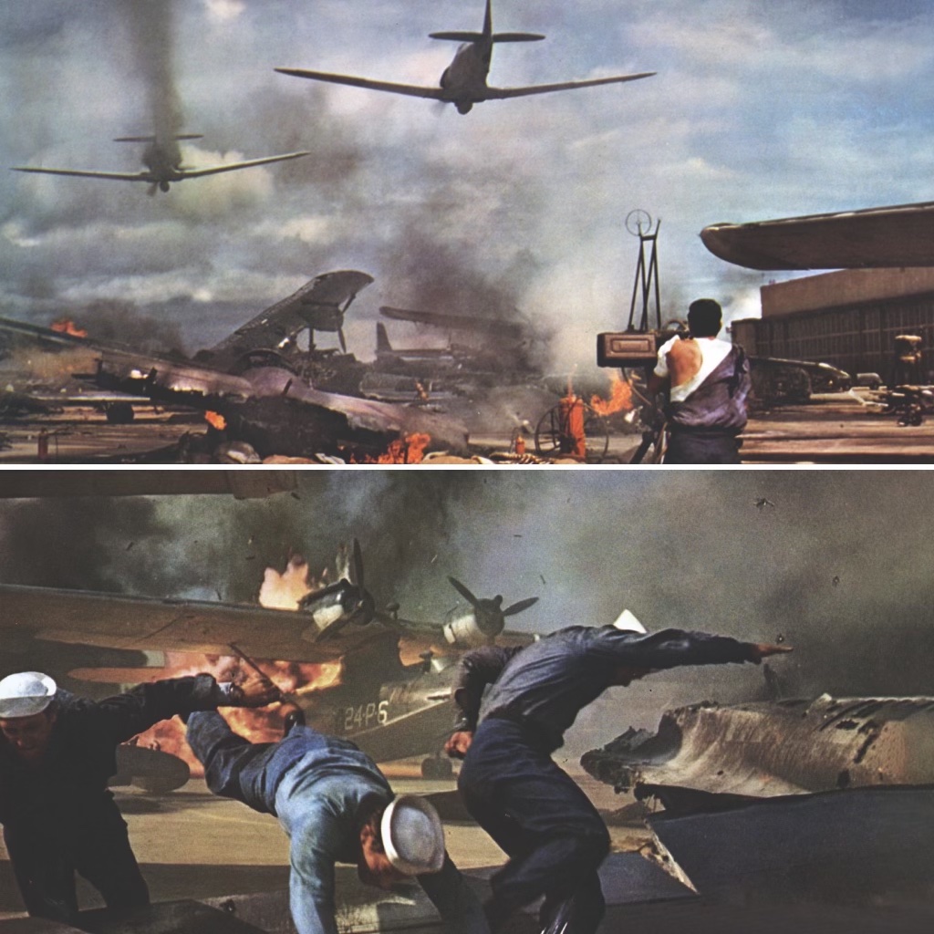 From top: Two publicity stills for the film show an American serviceman at Pearl Harbor training his antiaircraft gun on the Japanese planes overhead and sailors falling from the force of explosions on the ground. (Collection Christophel/Alamy Stock Photo)
