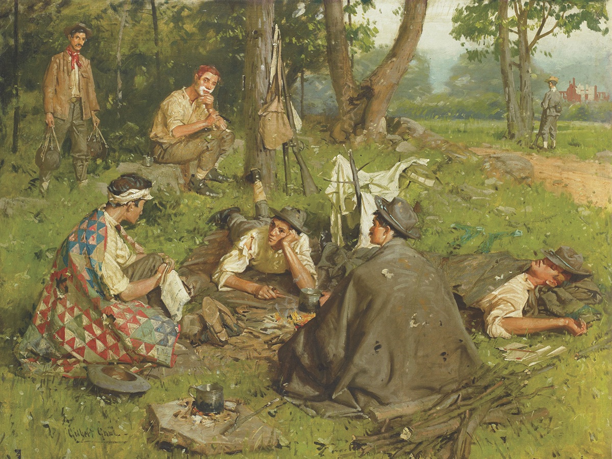 Except for a picket, muskets against the tree, and the romantic air about the scene, Gilbert Gaul’s painting, Nearing the End, gives an idea of how Confederates broke into small groups to make their way home. (Birmingham Museum of Art)